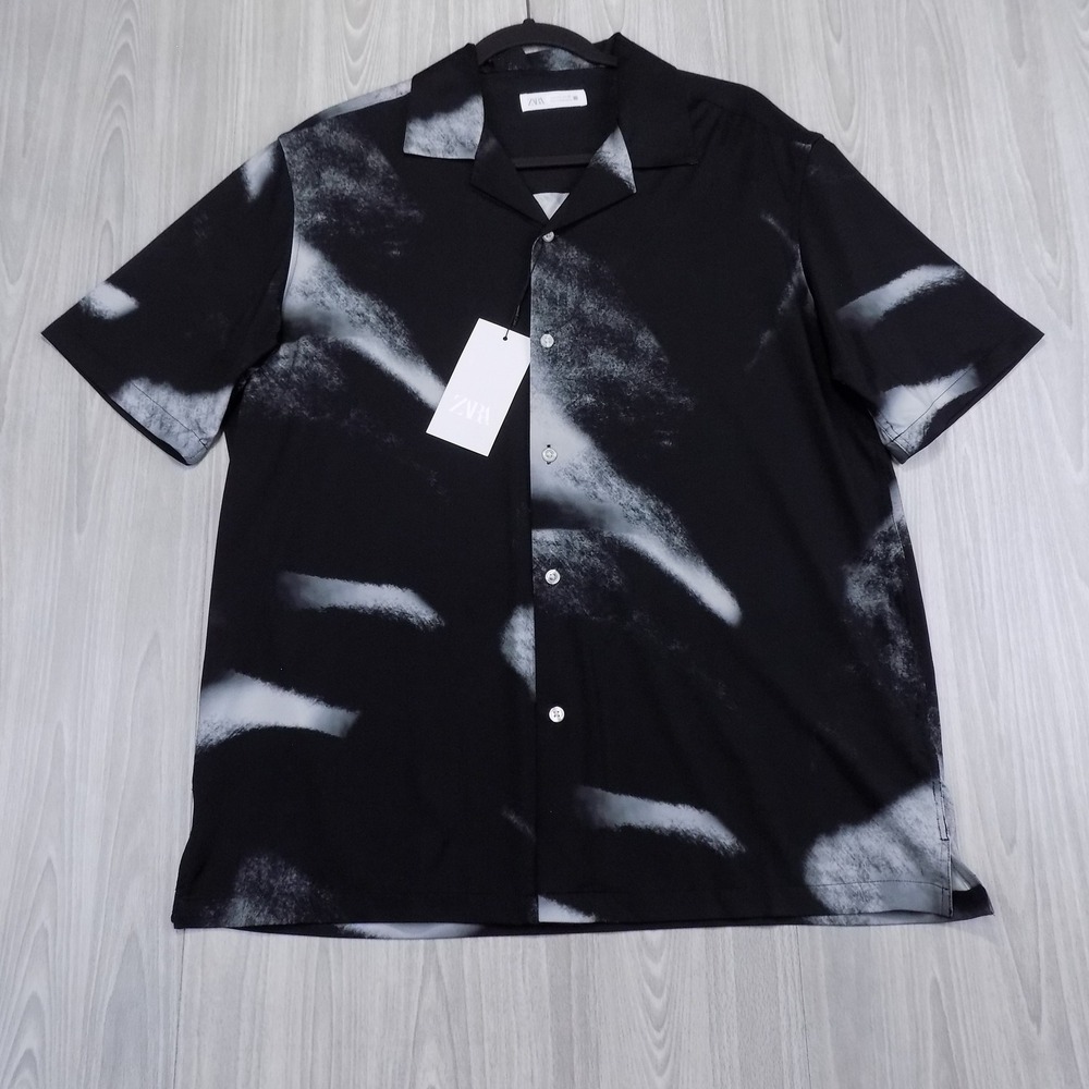 Zara Abstract Print Camp Collar Shirt Mens L Black White Short Sleeve Summer NEW